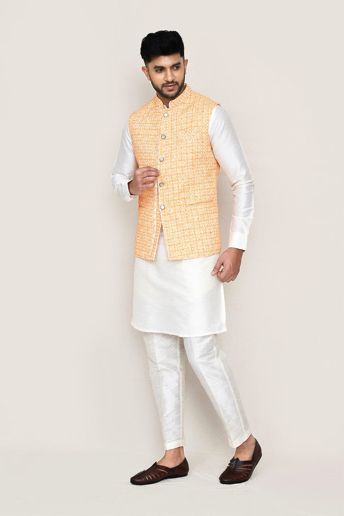 Off White Art Silk Kurta Set With Orange Jacket