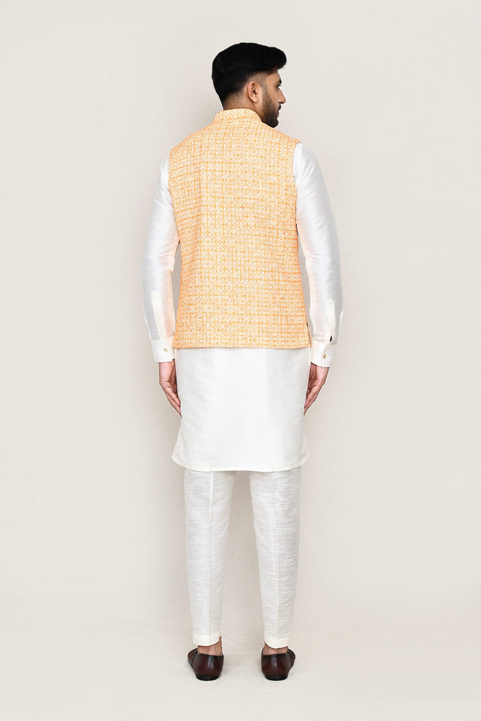 Off White Art Silk Kurta Set With Orange Jacket