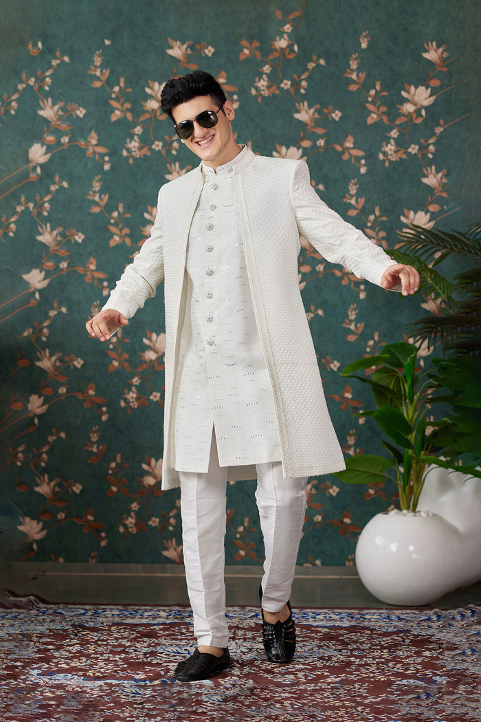 Off-White Art Silk Three Piece Sherwani Set