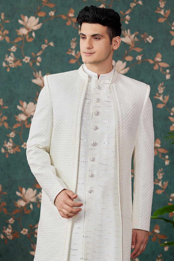 Off-White Art Silk Three Piece Sherwani Set