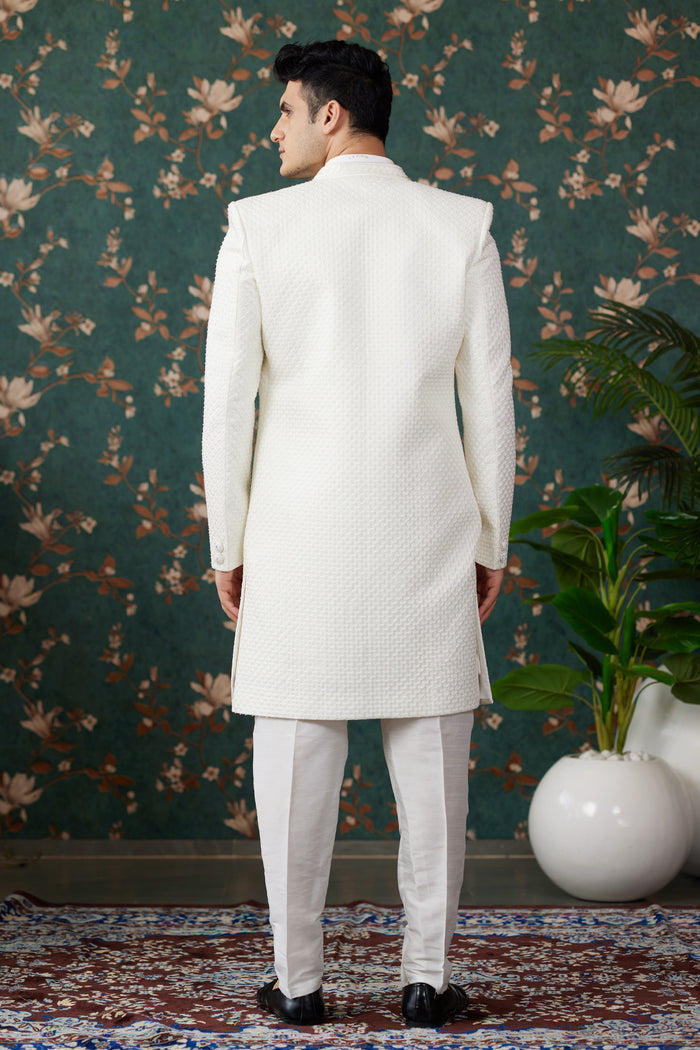 Off-White Art Silk Three Piece Sherwani Set