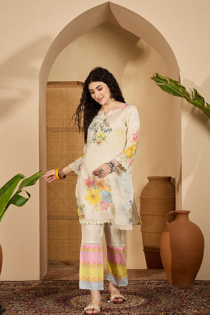 Off-White Cotton Floral Printed Kurta Set