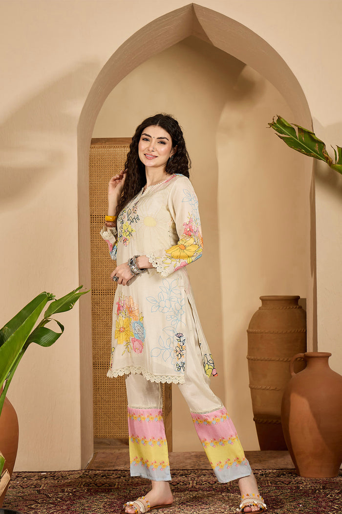 Off-White Cotton Floral Printed Kurta Set