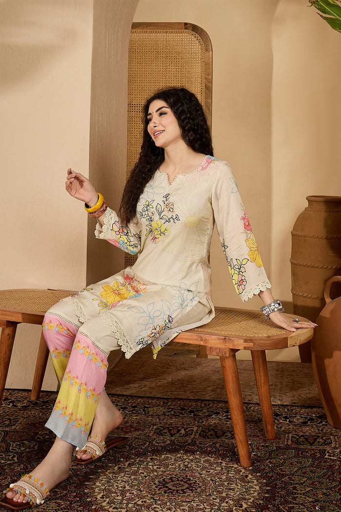 Off-White Cotton Floral Printed Kurta Set