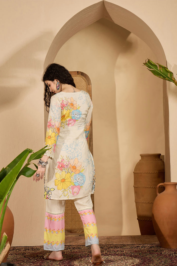 Off-White Cotton Floral Printed Kurta Set