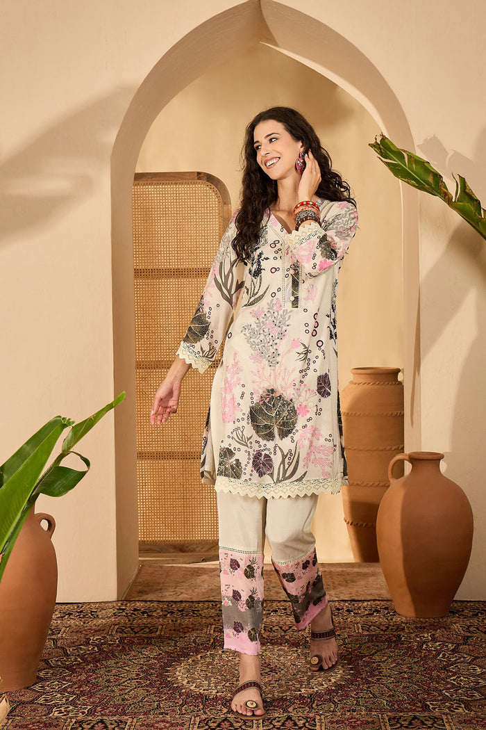 Off-White Cotton Printed Kurta Set
