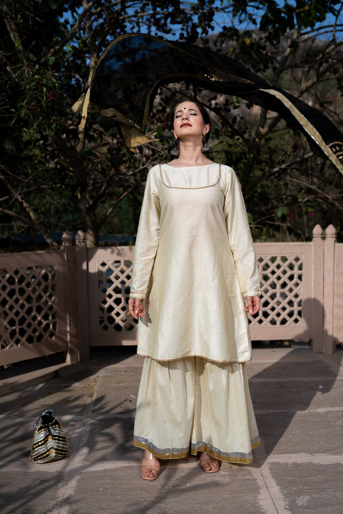 <img> Off White Cotton Silk Gota Patti Gharara Set