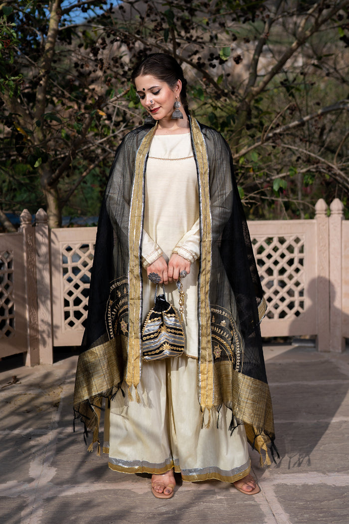 <img> Off White Cotton Silk Gota Patti Gharara Set