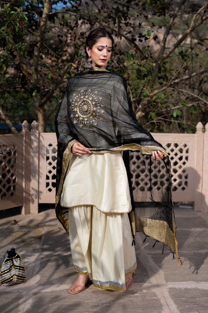 <img> Off White Cotton Silk Gota Patti Gharara Set