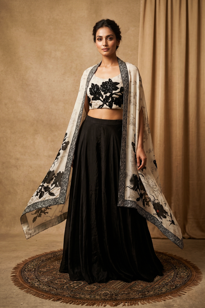 Off-White Crepe Floral Lehenga Set