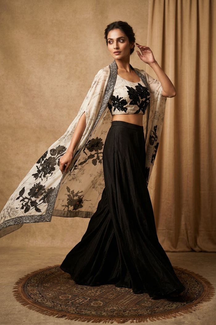 Off-White Crepe Floral Lehenga Set