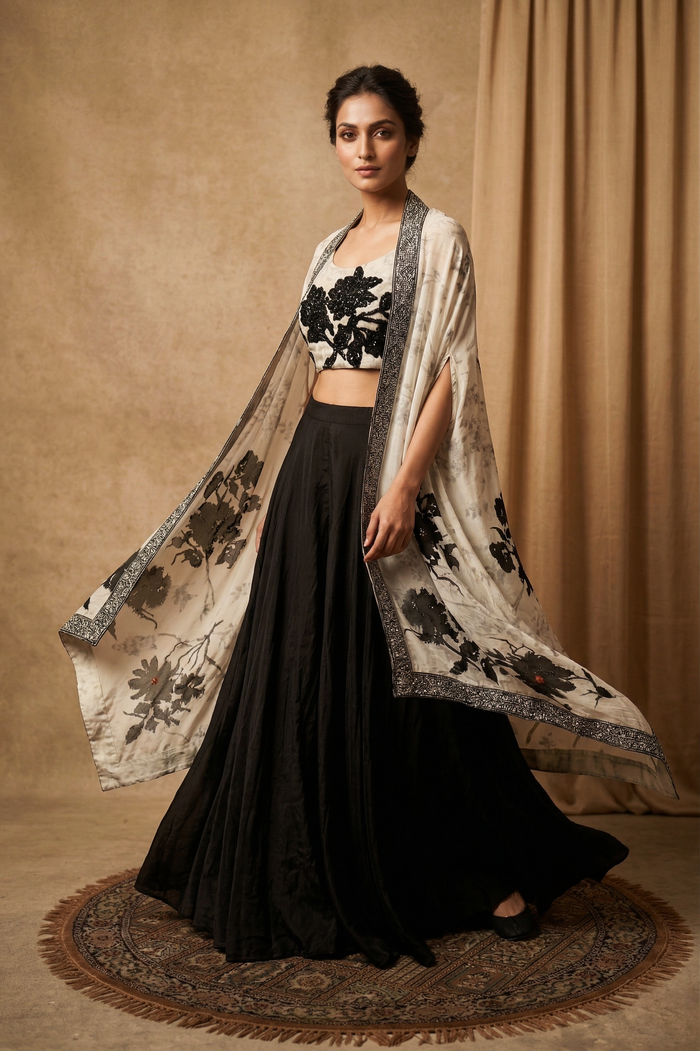 Off-White Crepe Floral Lehenga Set