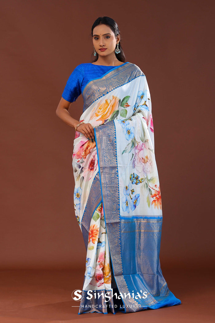 Off-White Digital Printed Kanjivaram Saree