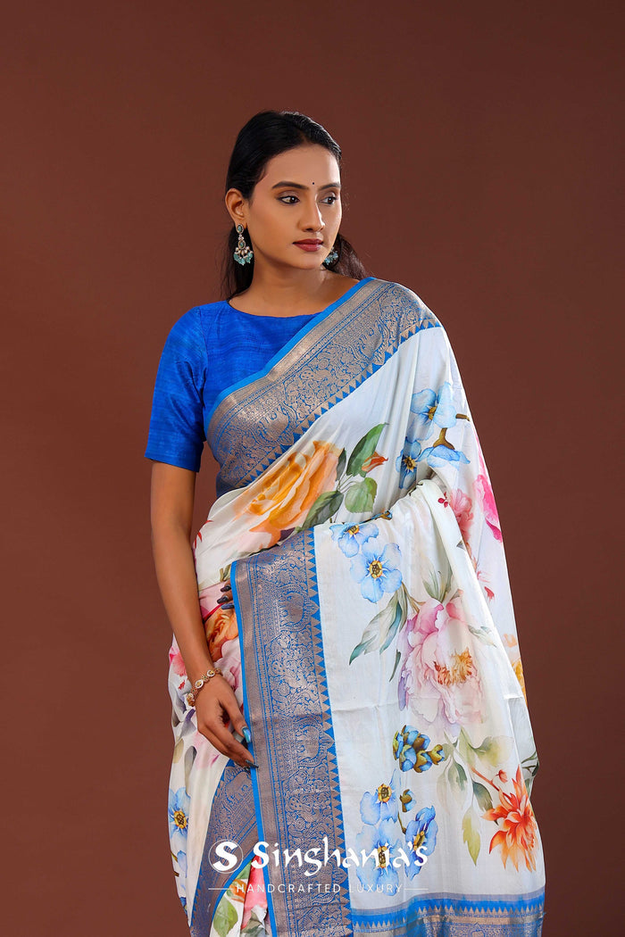 Off-White Digital Printed Kanjivaram Saree