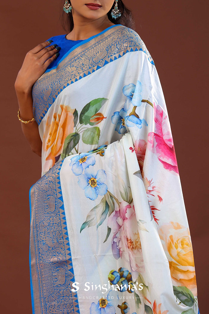Off-White Digital Printed Kanjivaram Saree