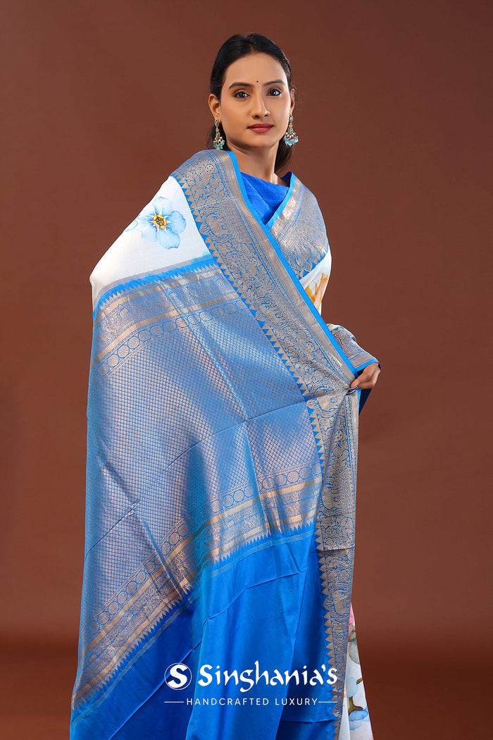 Off-White Digital Printed Kanjivaram Saree
