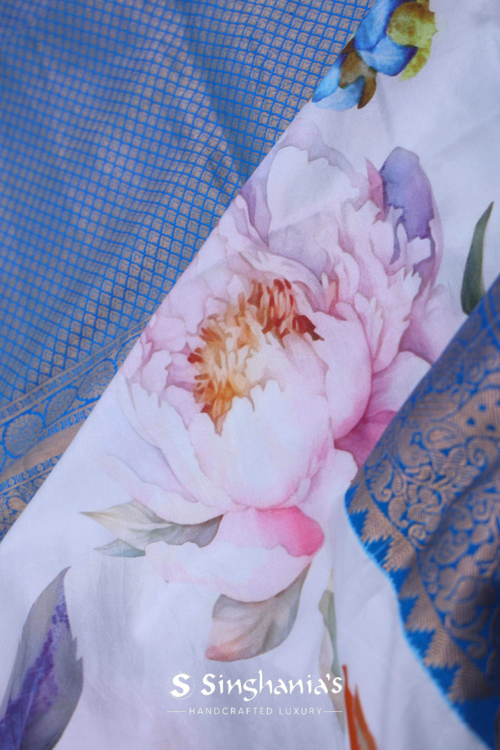Off-White Digital Printed Kanjivaram Saree