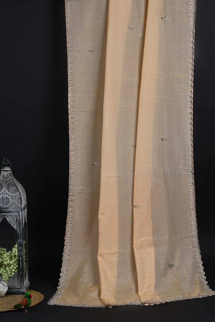 Off-White Embroidered Cotton Saree