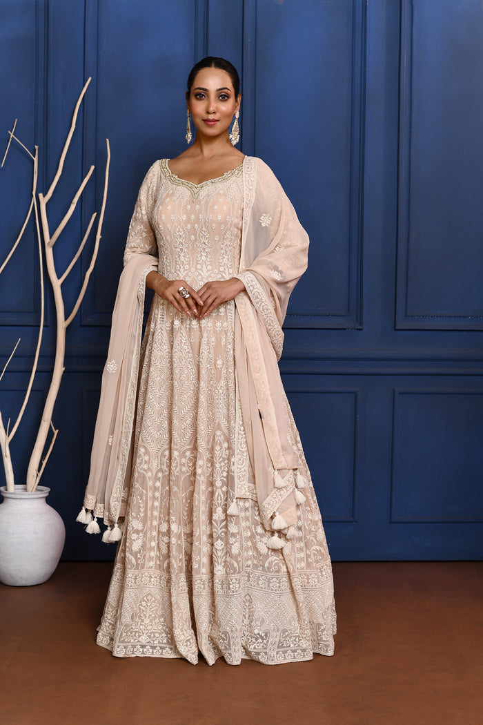 Off-White Embroidered Georgette Anarkali Set