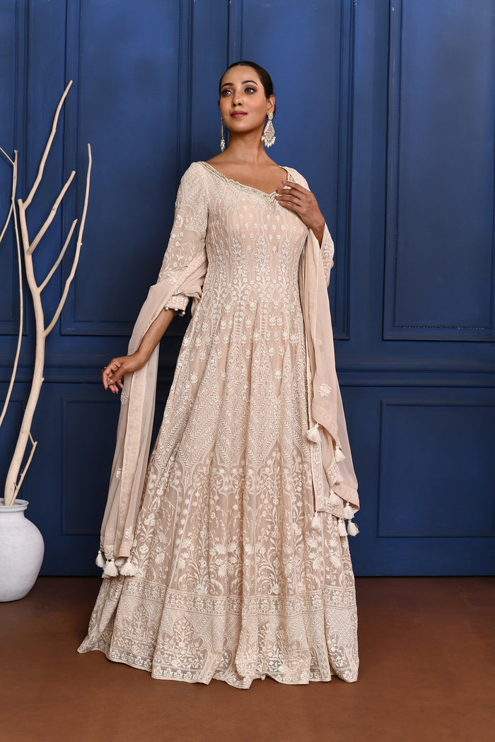 Off-White Embroidered Georgette Anarkali Set