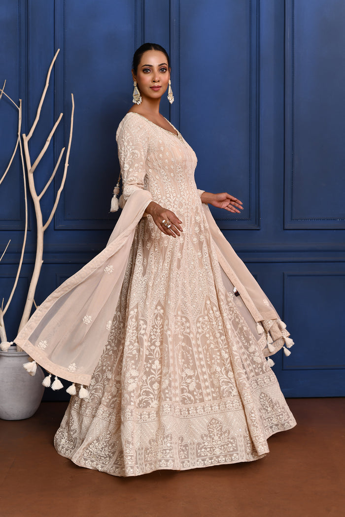 Off-White Embroidered Georgette Anarkali Set