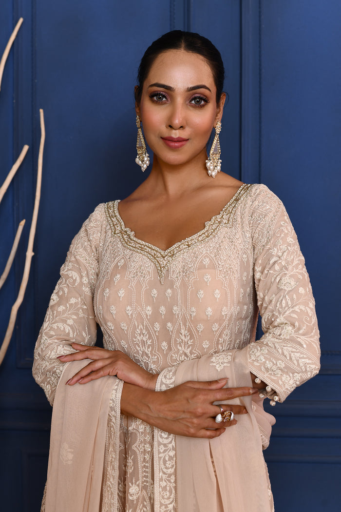 Off-White Embroidered Georgette Anarkali Set