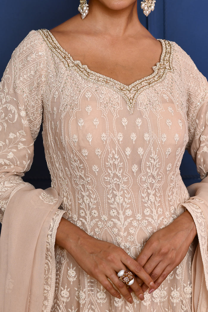 Off-White Embroidered Georgette Anarkali Set