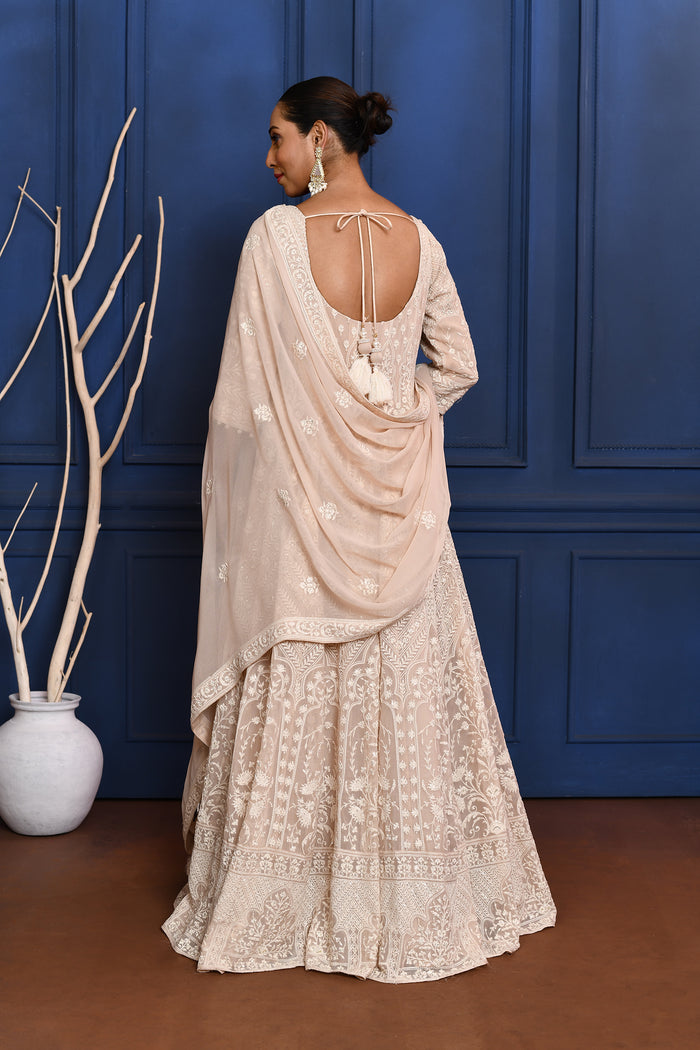 Off-White Embroidered Georgette Anarkali Set