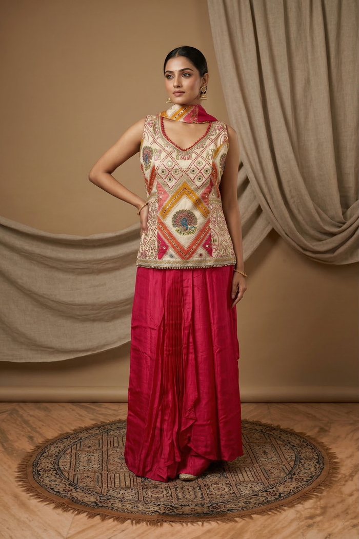 Off-White Embroidered Satin Sharara Set