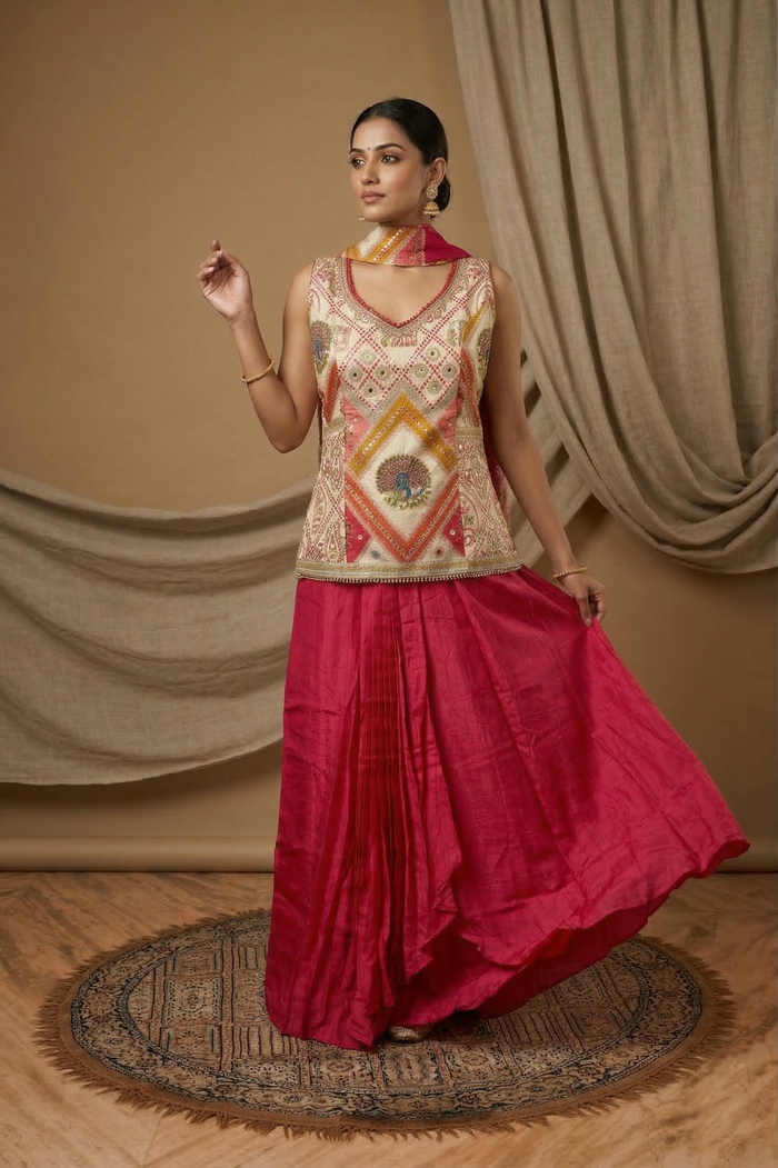 Off-White Embroidered Satin Sharara Set