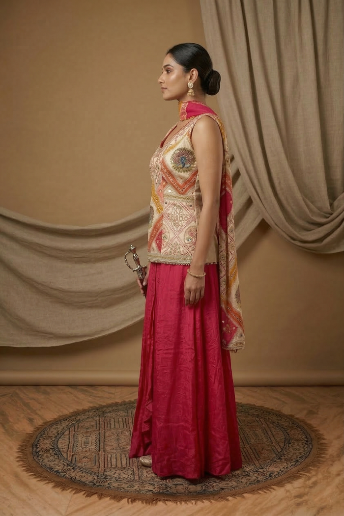 Off-White Embroidered Satin Sharara Set