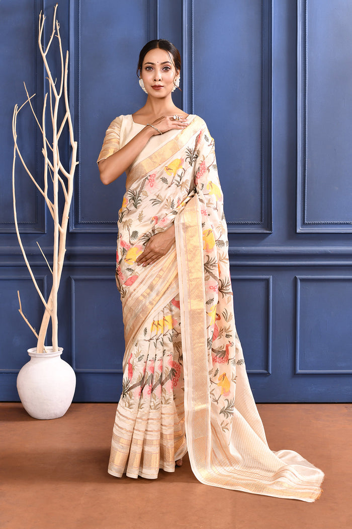 Off-White Embroidered Silk Saree