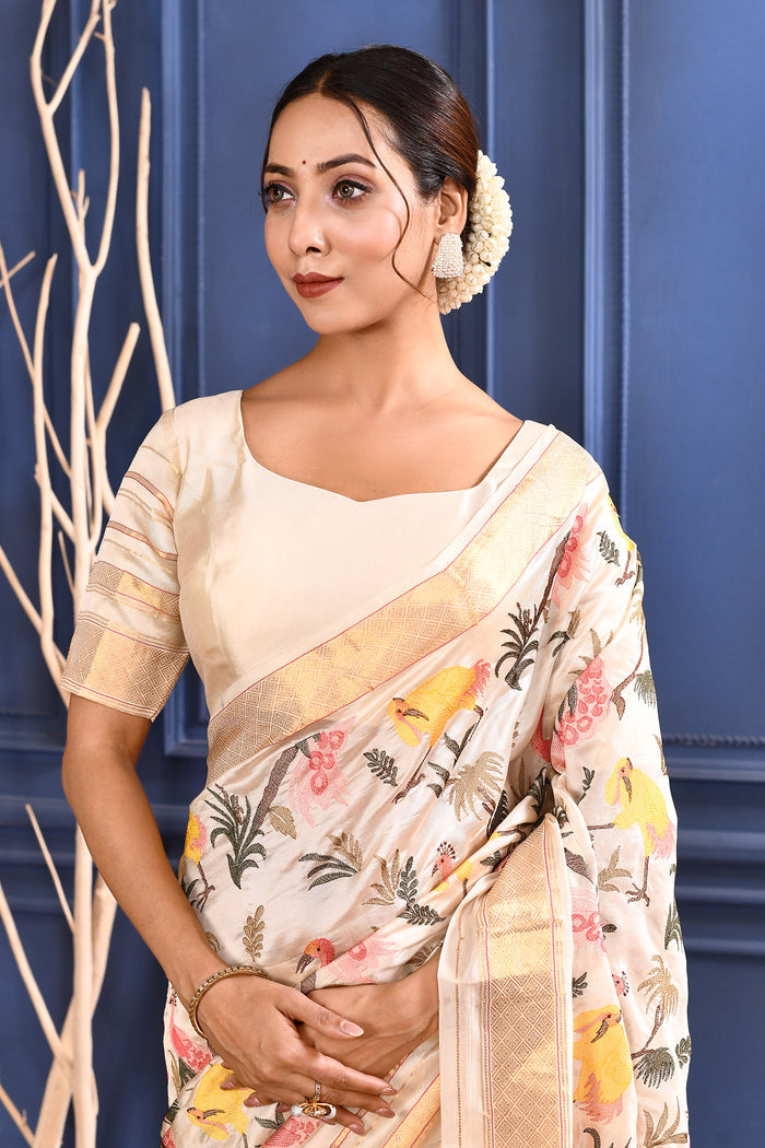 Off-White Embroidered Silk Saree