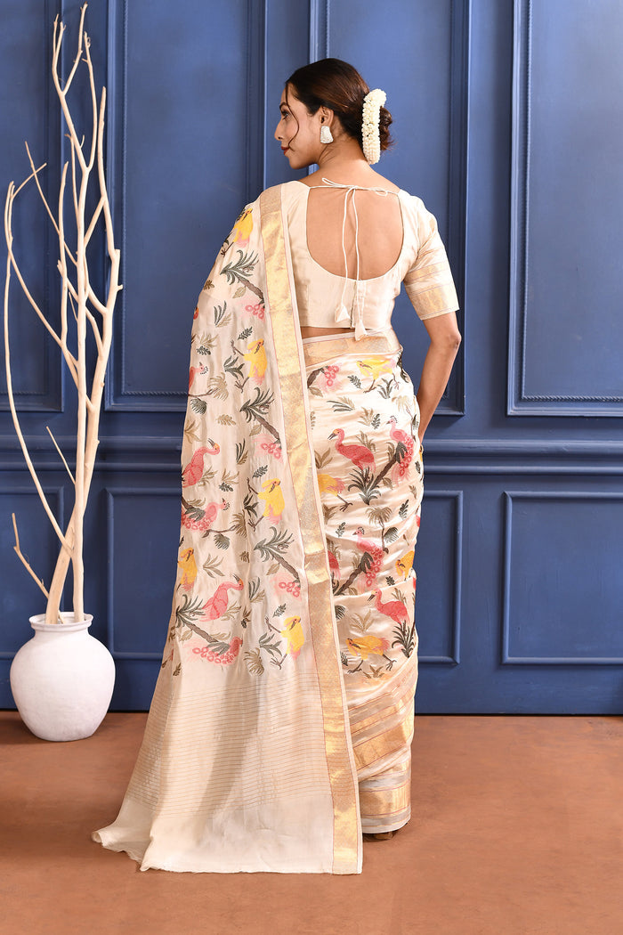 Off-White Embroidered Silk Saree