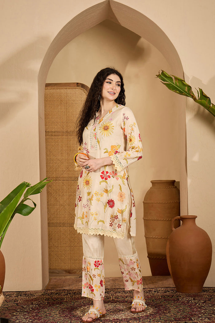 Off-White Floral Cotton Printed Kurta Set