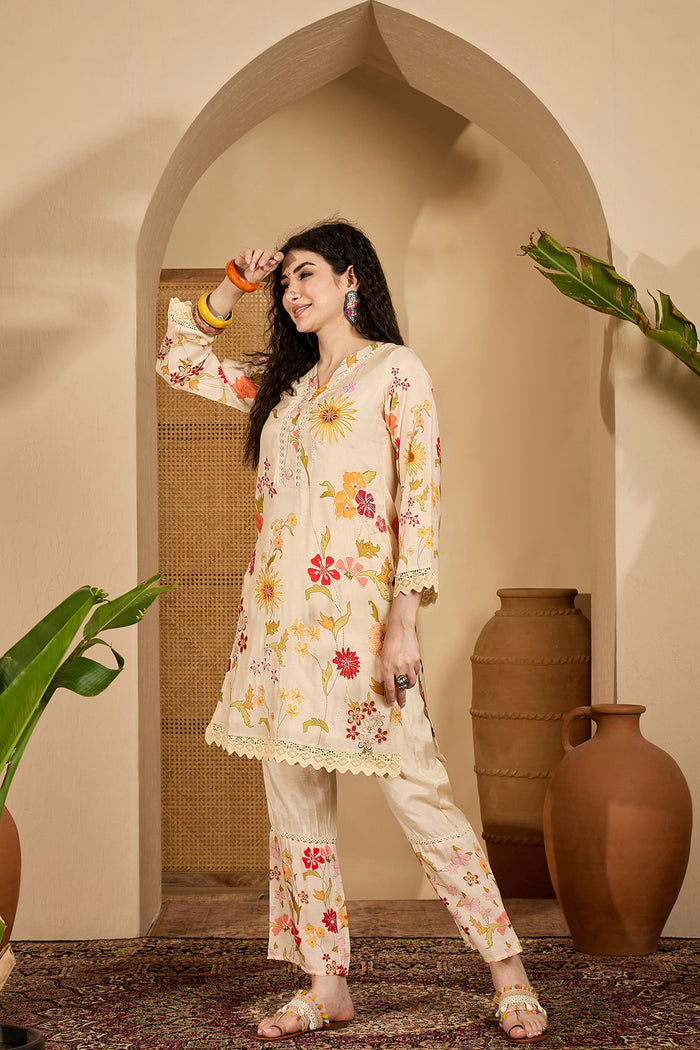 Off-White Floral Cotton Printed Kurta Set