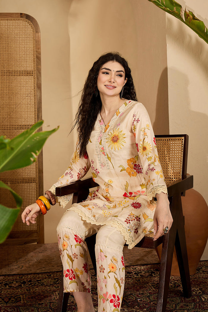 Off-White Floral Cotton Printed Kurta Set