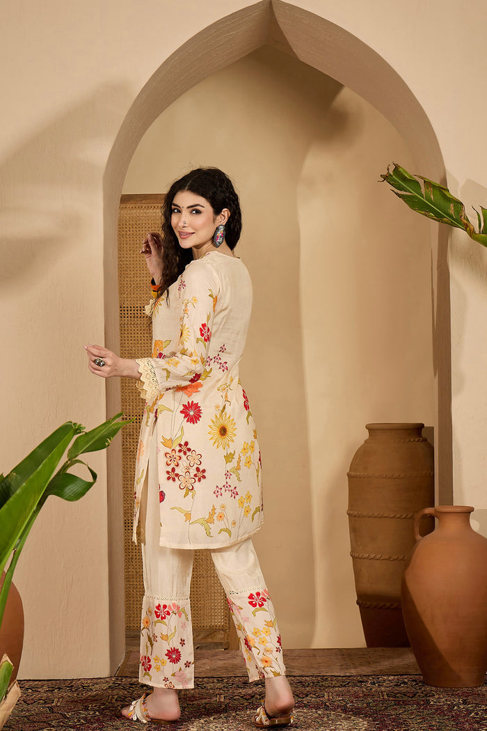 Off-White Floral Cotton Printed Kurta Set
