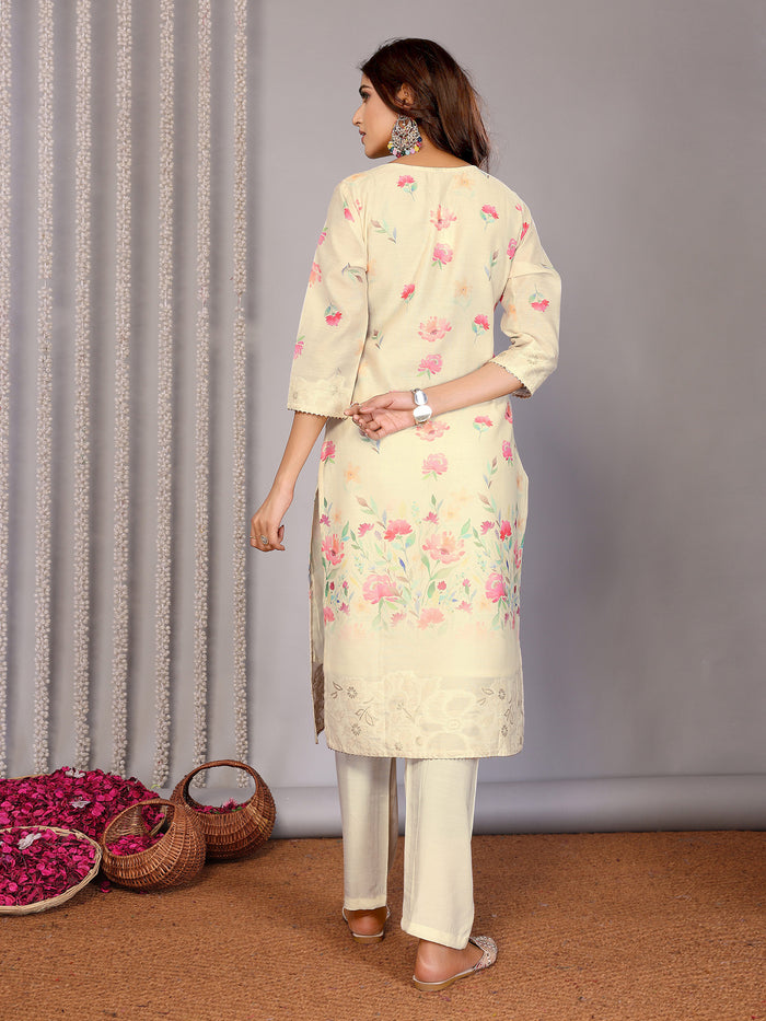 Off-White Floral Printed Chanderi Kurta Set