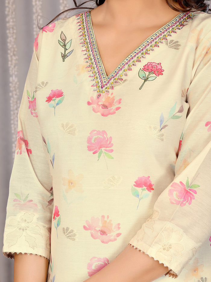Off-White Floral Printed Chanderi Kurta Set