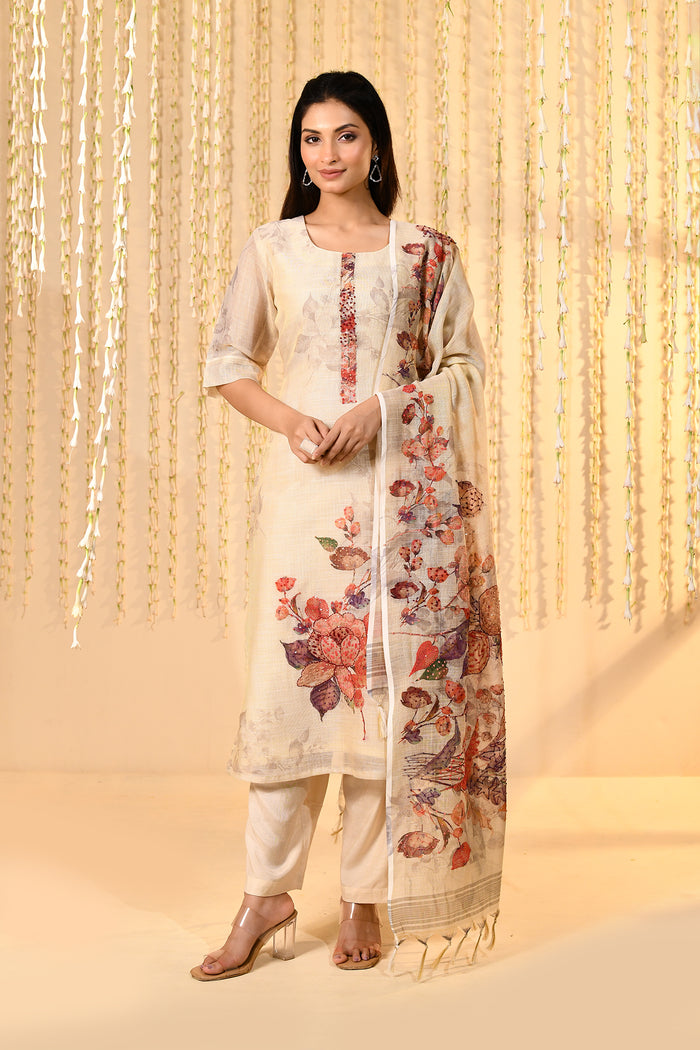Off-White Floral Printed Kora Kurta Set