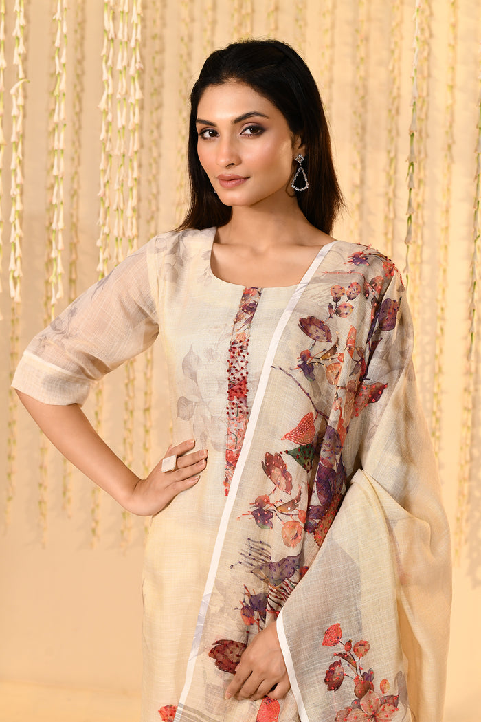 Off-White Floral Printed Kora Kurta Set