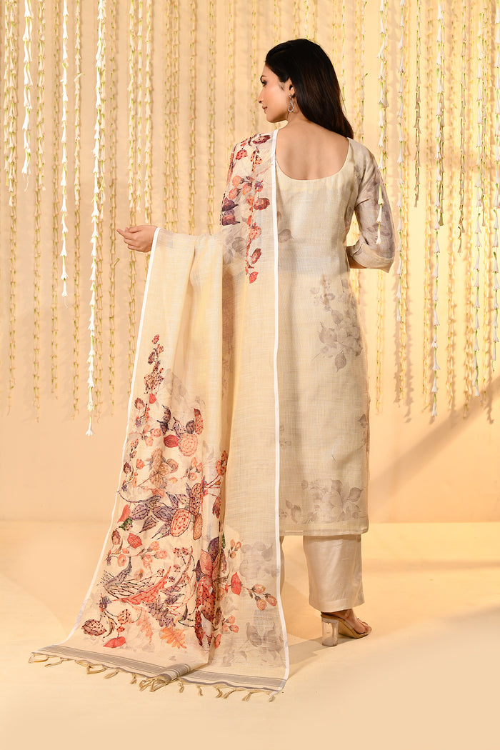 Off-White Floral Printed Kora Kurta Set