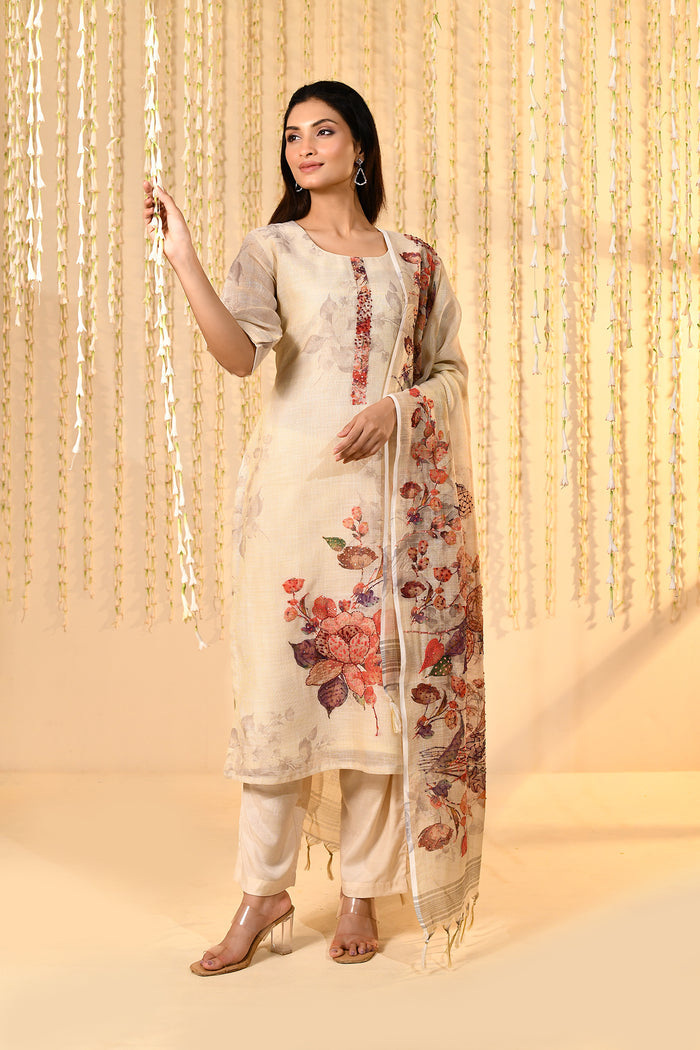 Off-White Floral Printed Kora Kurta Set