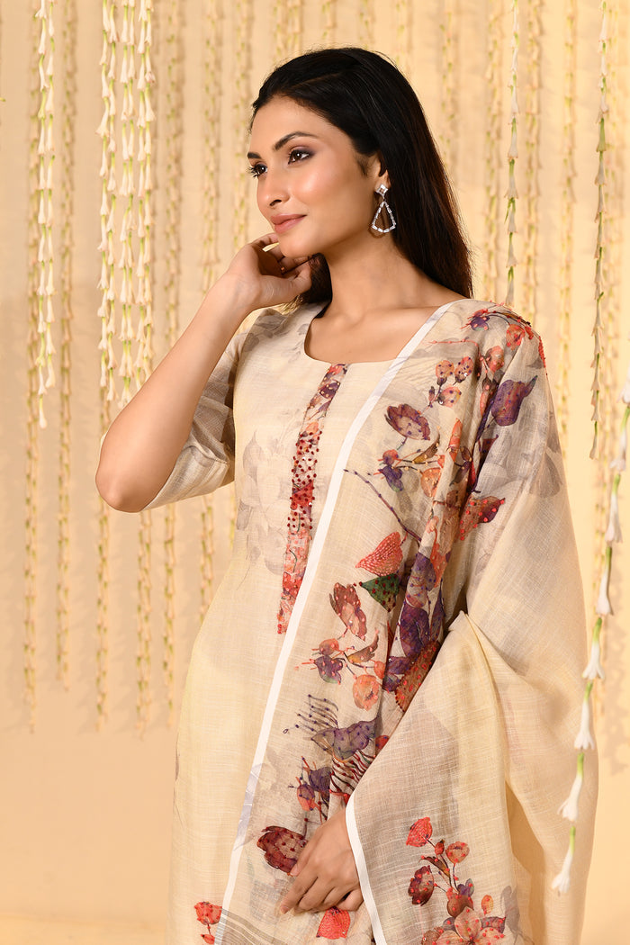 Off-White Floral Printed Kora Kurta Set