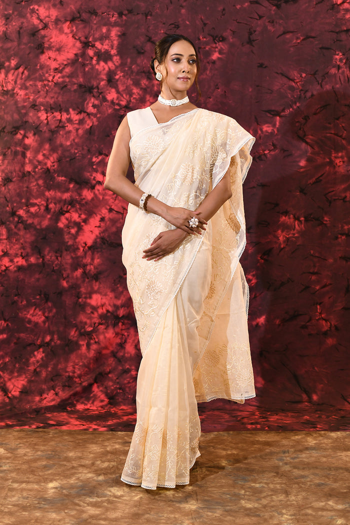 Off-White Floral Tissue Organza Saree