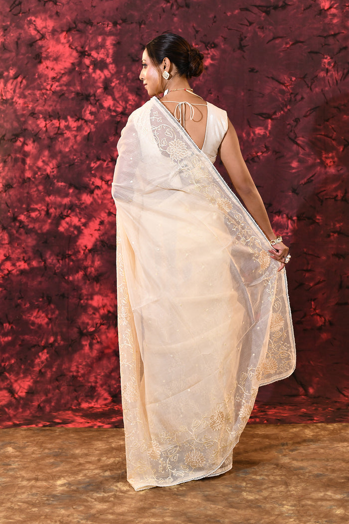 Off-White Floral Tissue Organza Saree