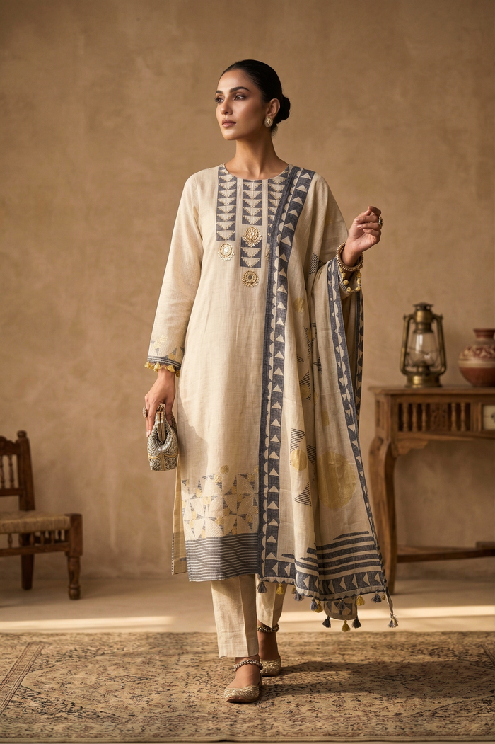 Off-White Linen Geometric Printed Kurta Set