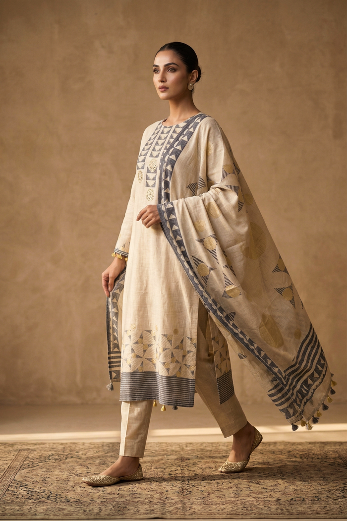 Off-White Linen Geometric Printed Kurta Set