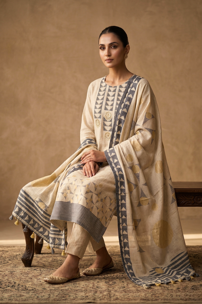 Off-White Linen Geometric Printed Kurta Set
